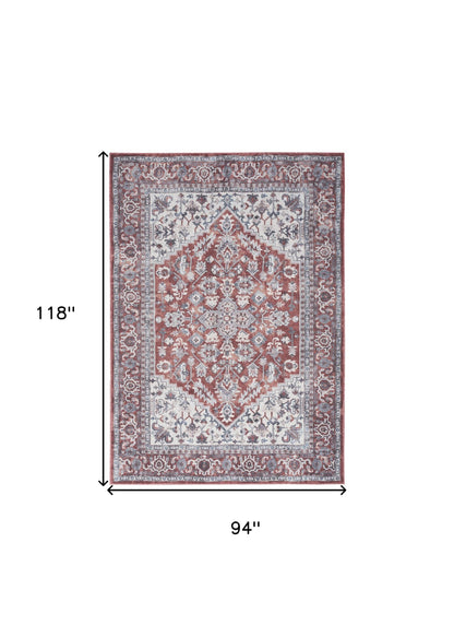 8' X 10' Gray Floral Power Loom Distressed Washable Area Rug