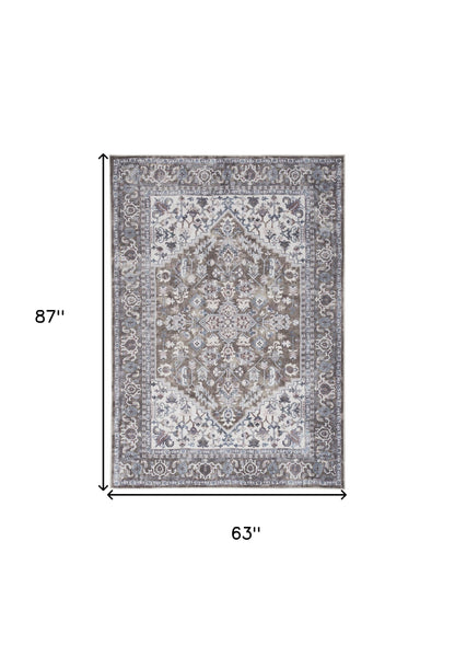 5' X 7' Gray Floral Power Loom Distressed Washable Area Rug