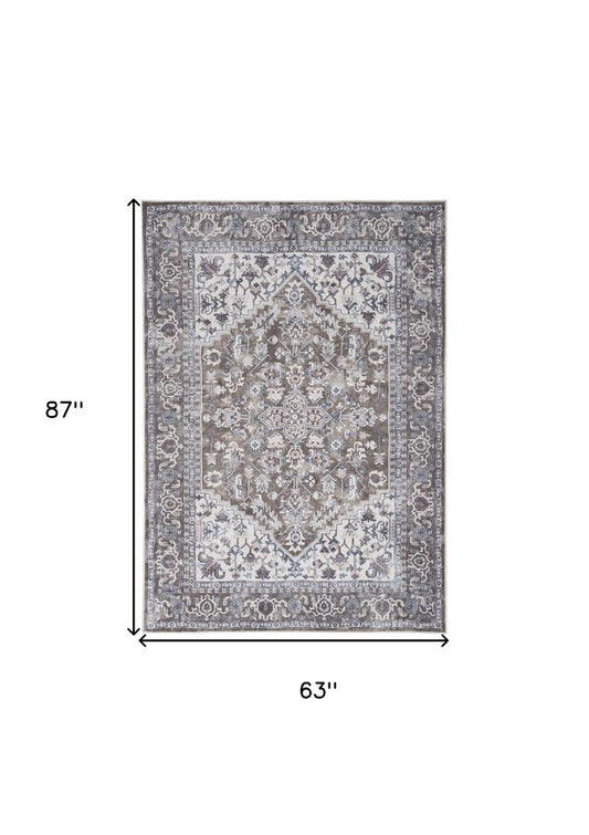 5' X 7' Gray Floral Power Loom Distressed Washable Area Rug
