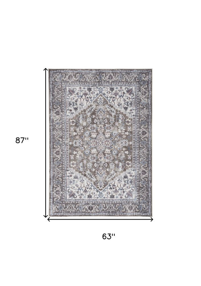 5' X 7' Gray Floral Power Loom Distressed Washable Area Rug