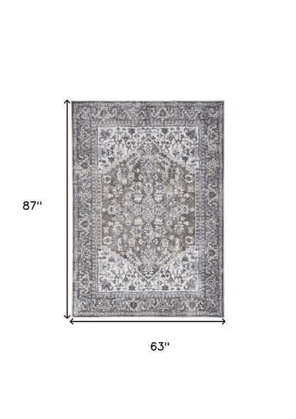 5' X 7' Gray Floral Power Loom Distressed Washable Area Rug
