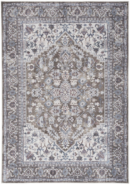 6' X 9' Gray Ivory and Blue Floral Distressed Washable Area Rug