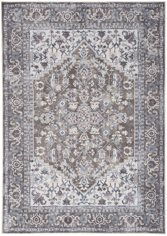 6' X 9' Gray Ivory and Blue Floral Distressed Washable Area Rug