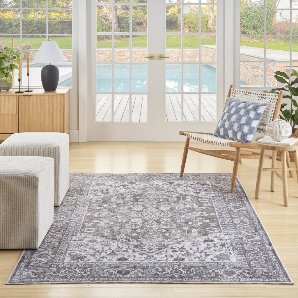 6' X 9' Gray Ivory and Blue Floral Distressed Washable Area Rug