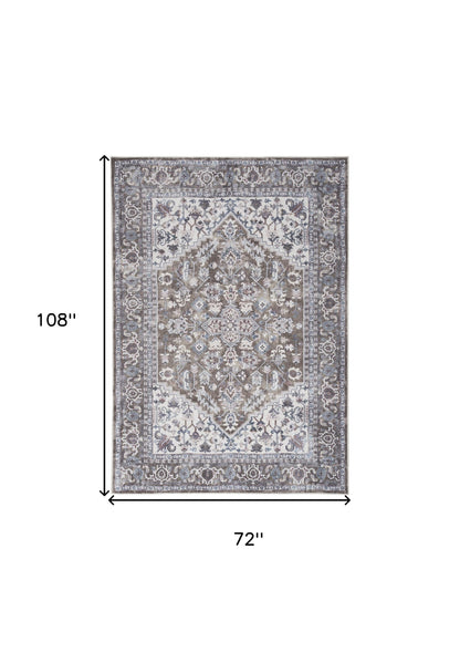 6' X 9' Gray Ivory and Blue Floral Distressed Washable Area Rug