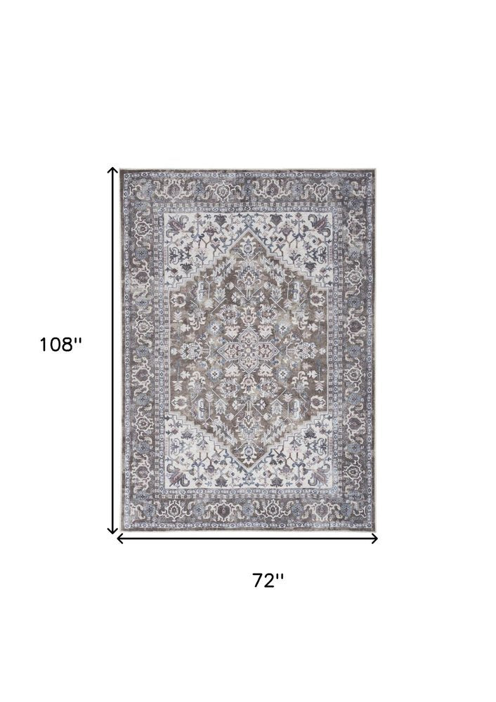6' X 9' Gray Ivory and Blue Floral Distressed Washable Area Rug