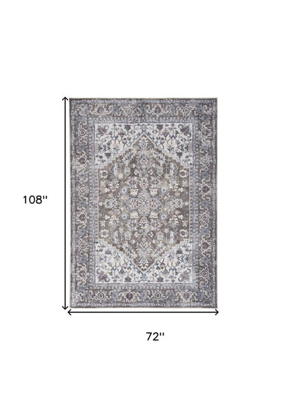 6' X 9' Gray Ivory and Blue Floral Distressed Washable Area Rug