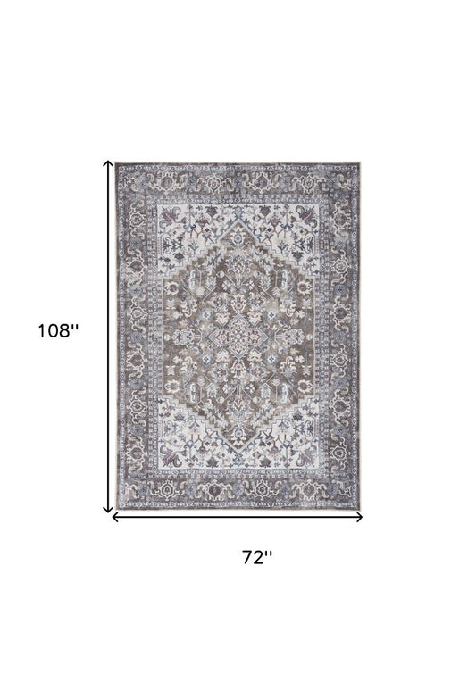 6' X 9' Gray Ivory and Blue Floral Distressed Washable Area Rug