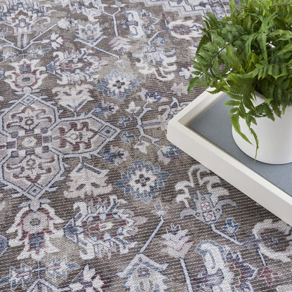 8' X 10' Gray Ivory and Blue Floral Distressed Washable Area Rug