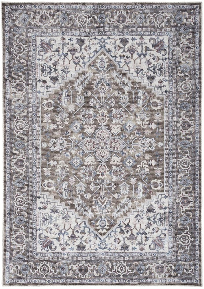 8' X 10' Gray Ivory and Blue Floral Distressed Washable Area Rug