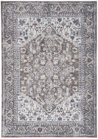 8' X 10' Gray Ivory and Blue Floral Distressed Washable Area Rug