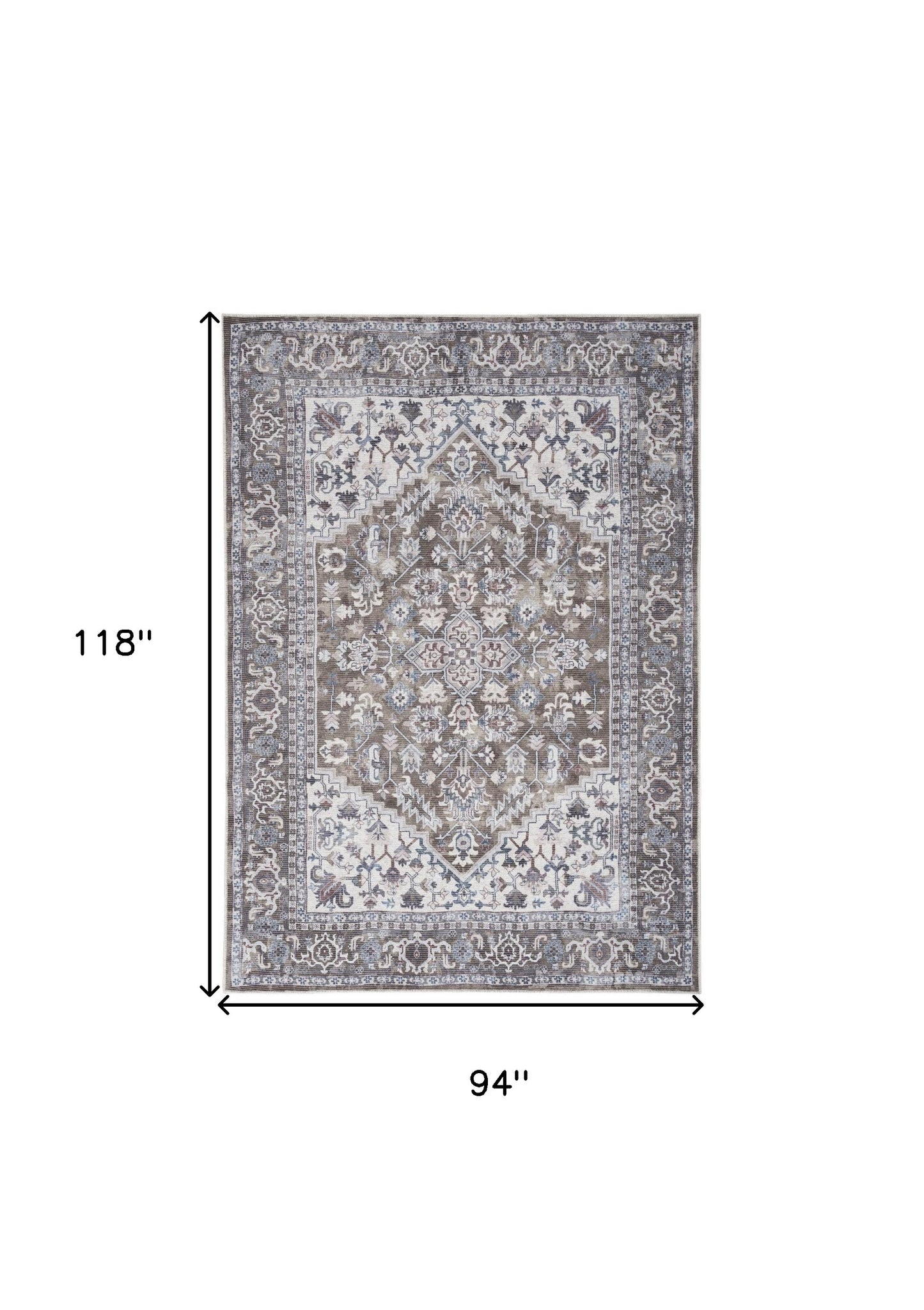 8' X 10' Gray Ivory and Blue Floral Distressed Washable Area Rug