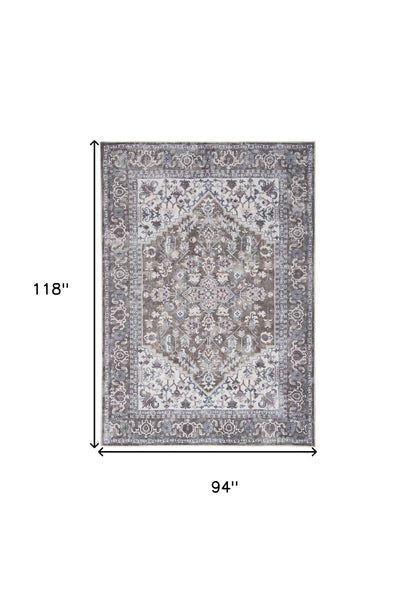 8' X 10' Gray Ivory and Blue Floral Distressed Washable Area Rug