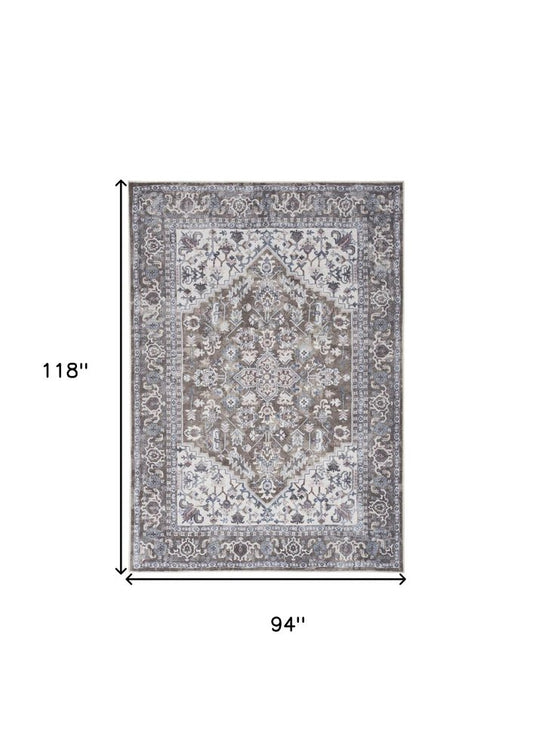 8' X 10' Gray Ivory and Blue Floral Distressed Washable Area Rug