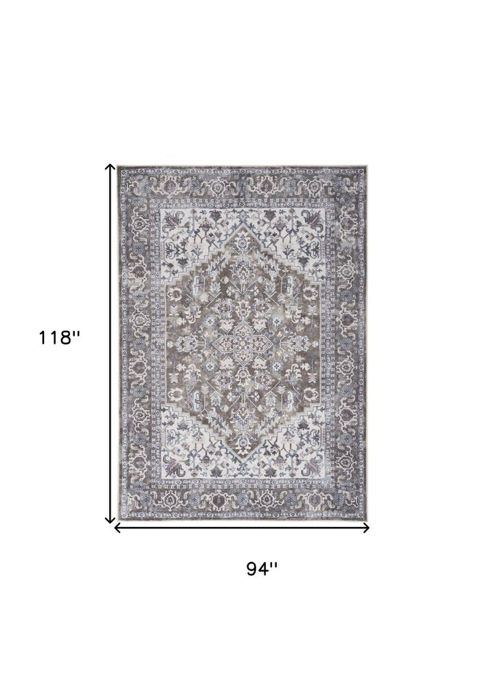8' X 10' Gray Ivory and Blue Floral Distressed Washable Area Rug