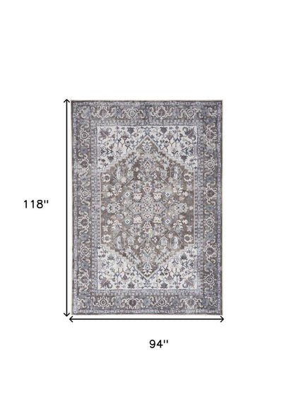 8' X 10' Gray Ivory and Blue Floral Distressed Washable Area Rug
