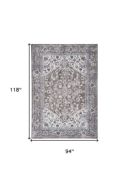 8' X 10' Gray Ivory and Blue Floral Distressed Washable Area Rug
