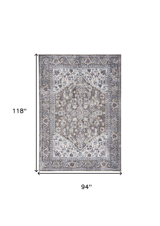 8' X 10' Gray Ivory and Blue Floral Distressed Washable Area Rug