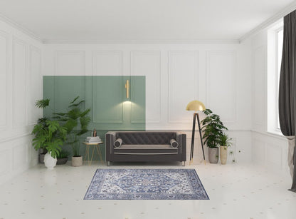 5' X 7' Gray Ivory and Blue Floral Power Loom Distressed Washable Area Rug