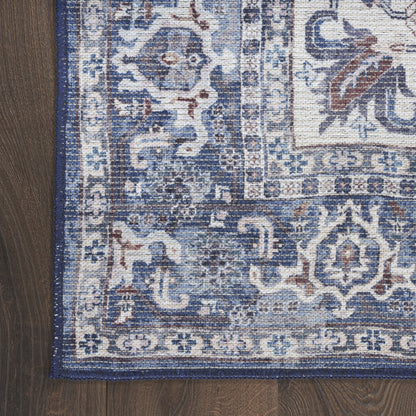 5' X 7' Gray Ivory and Blue Floral Power Loom Distressed Washable Area Rug