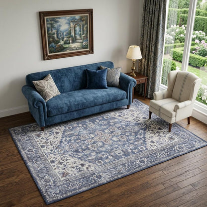 5' X 7' Gray Ivory and Blue Floral Power Loom Distressed Washable Area Rug