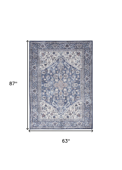 5' X 7' Gray Ivory and Blue Floral Power Loom Distressed Washable Area Rug