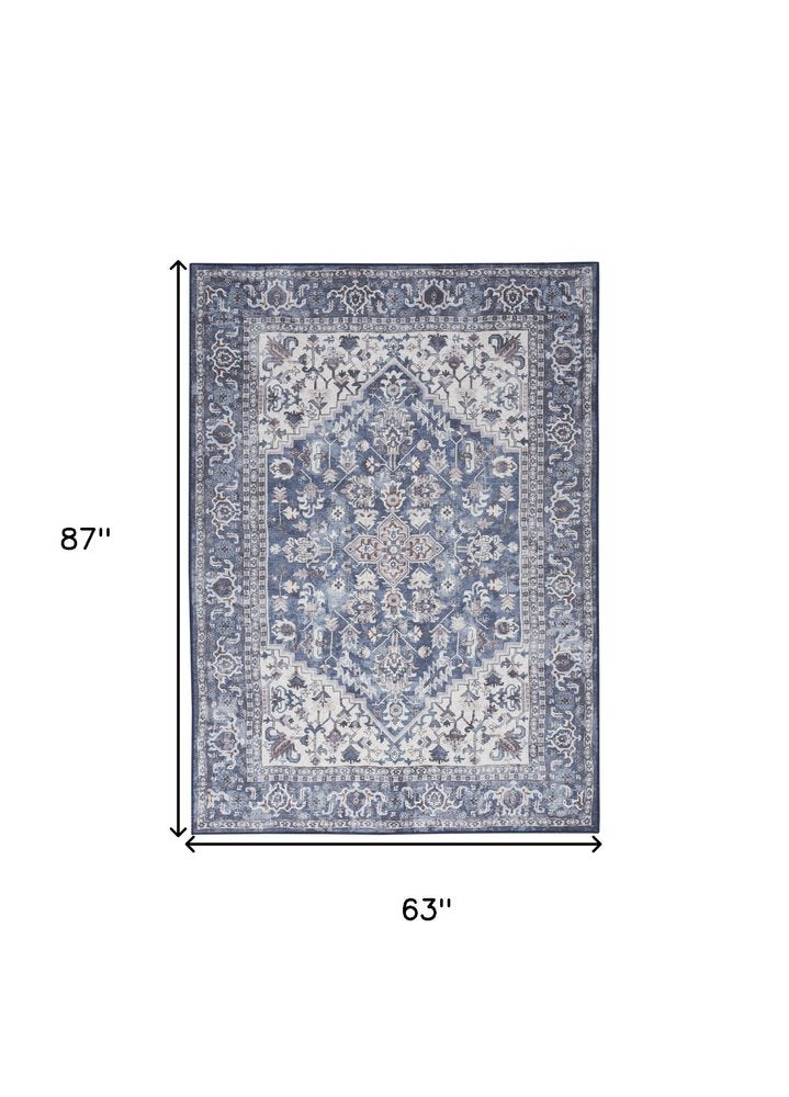 5' X 7' Gray Ivory and Blue Floral Power Loom Distressed Washable Area Rug