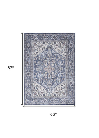 5' X 7' Gray Ivory and Blue Floral Power Loom Distressed Washable Area Rug