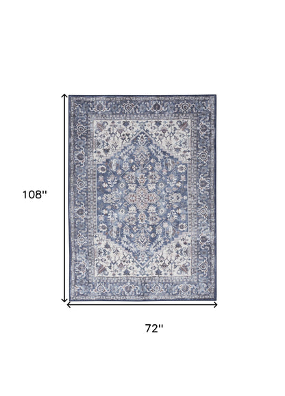 6' X 9' Gray Floral Power Loom Distressed Washable Area Rug