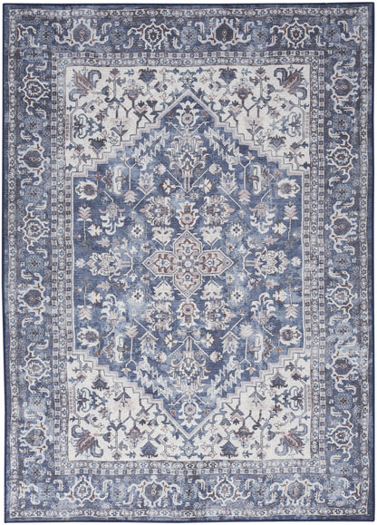 8' X 10' Gray Ivory and Blue Floral Distressed Washable Area Rug