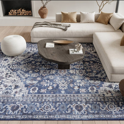 8' X 10' Gray Ivory and Blue Floral Distressed Washable Area Rug