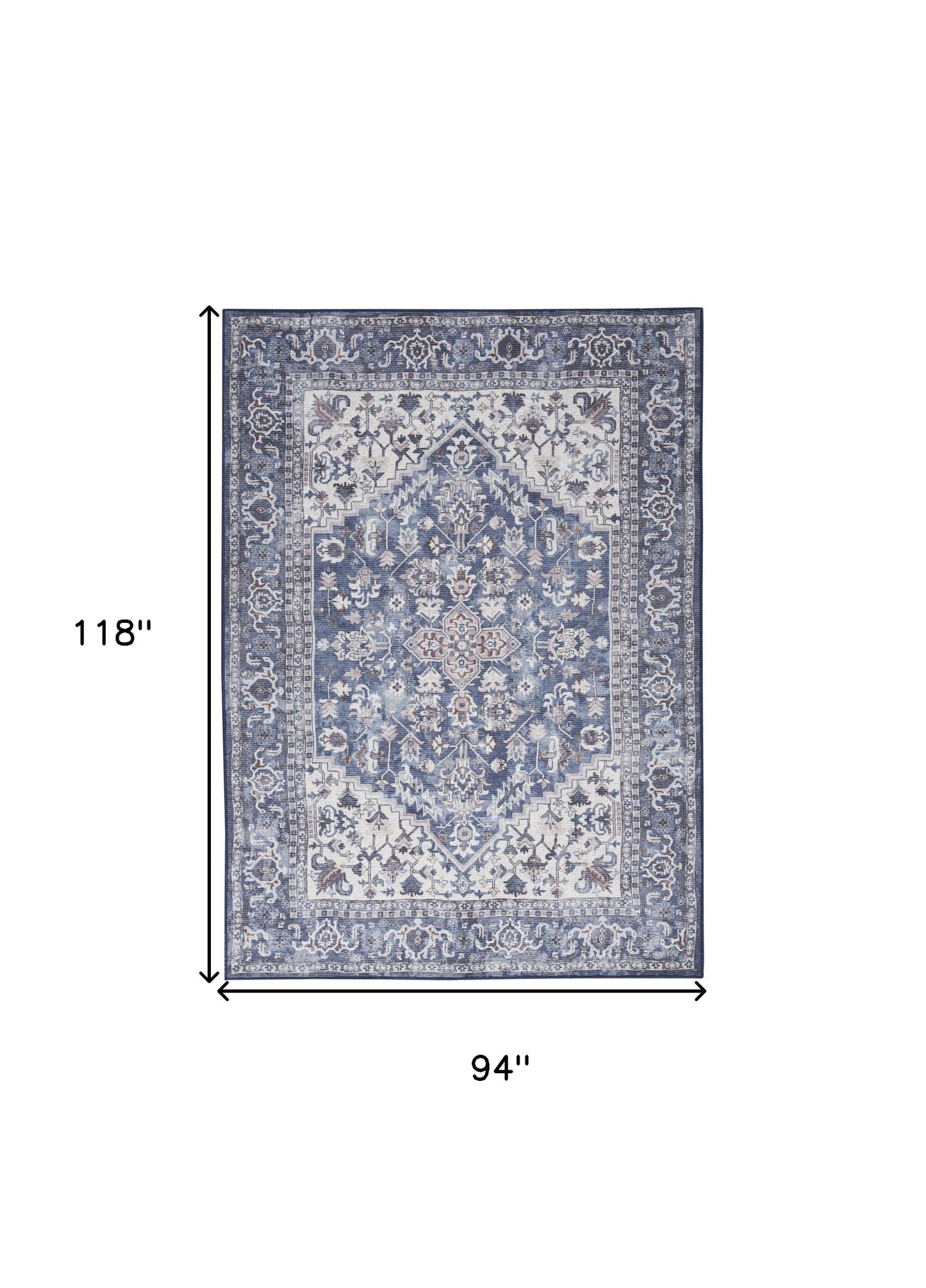 8' X 10' Gray Ivory and Blue Floral Distressed Washable Area Rug