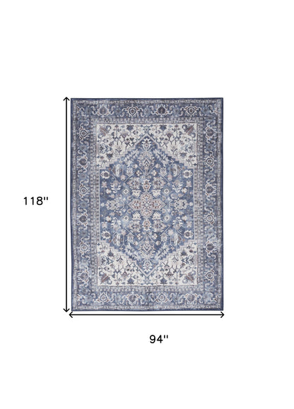 8' X 10' Gray Ivory and Blue Floral Distressed Washable Area Rug