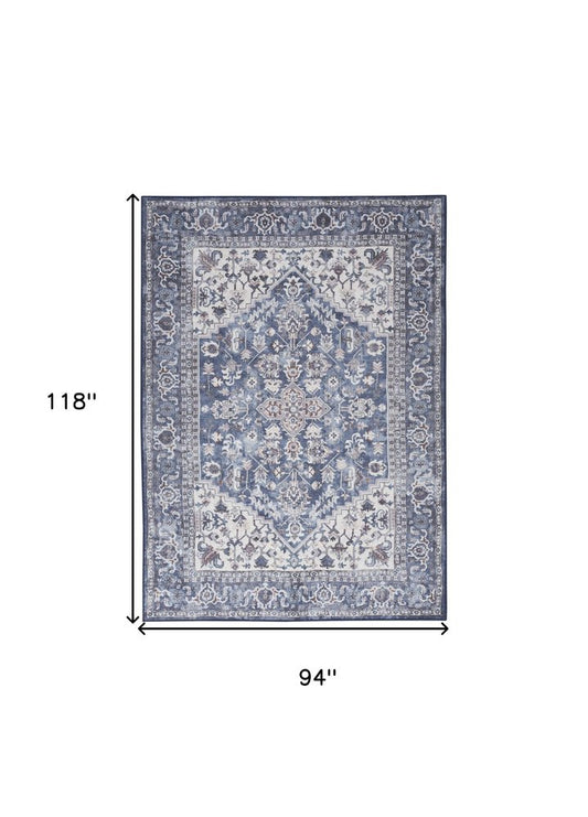 8' X 10' Gray Ivory and Blue Floral Distressed Washable Area Rug