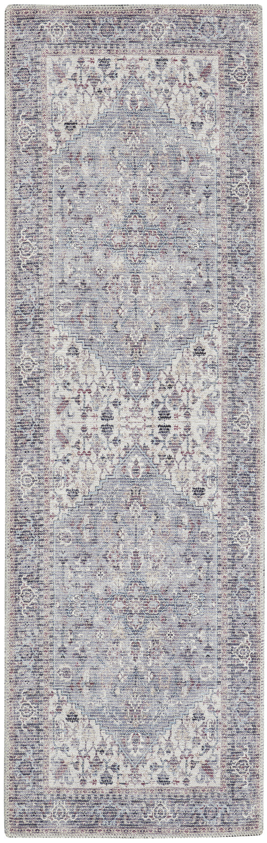 8' Gray Floral Power Loom Distressed Washable Runner Rug