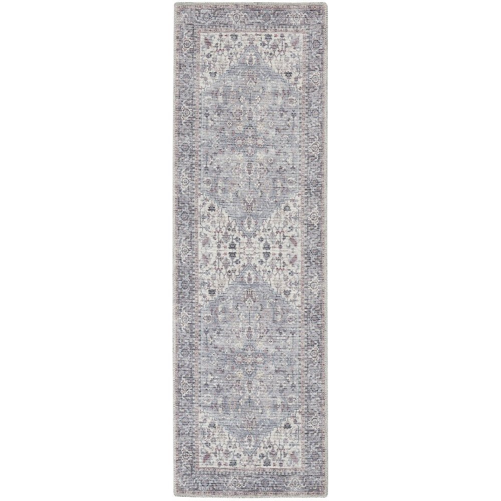 8' Gray Floral Power Loom Distressed Washable Runner Rug