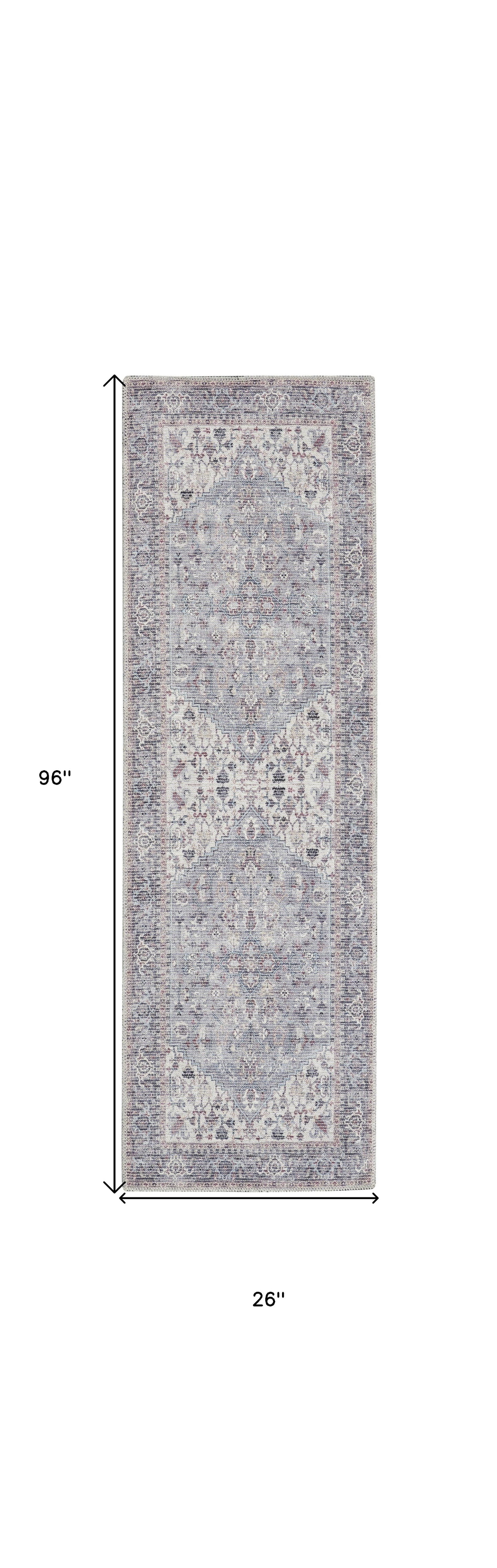 8' Gray Floral Power Loom Distressed Washable Runner Rug