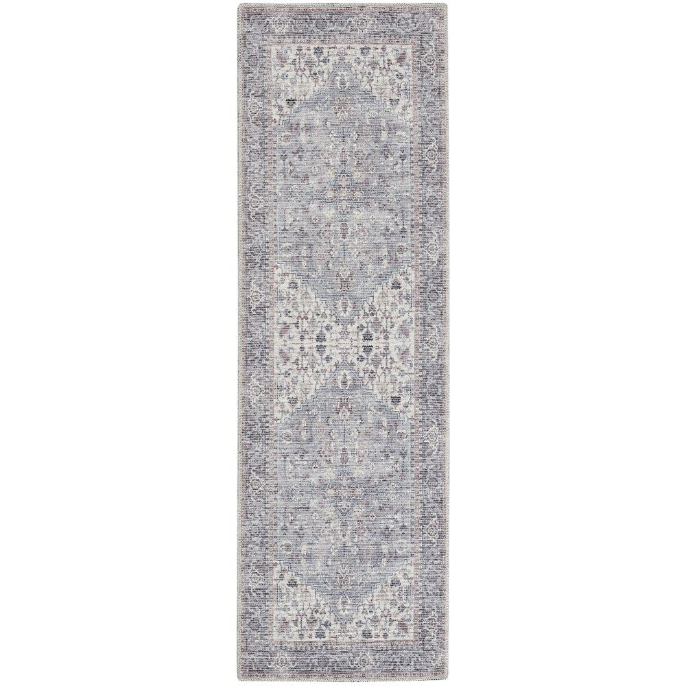 10' Gray Floral Power Loom Distressed Washable Runner Rug