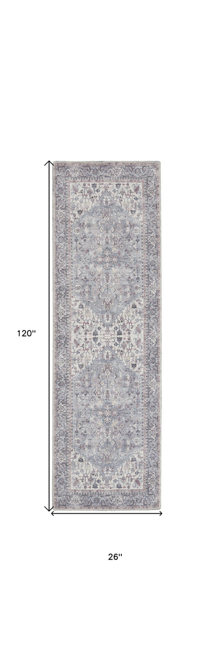 10' Gray Floral Power Loom Distressed Washable Runner Rug