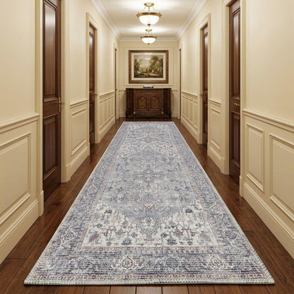 10' Gray Floral Power Loom Distressed Washable Runner Rug