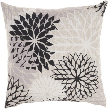 20" Black Gray and White Handmade Floral Indoor Outdoor Throw Pillow