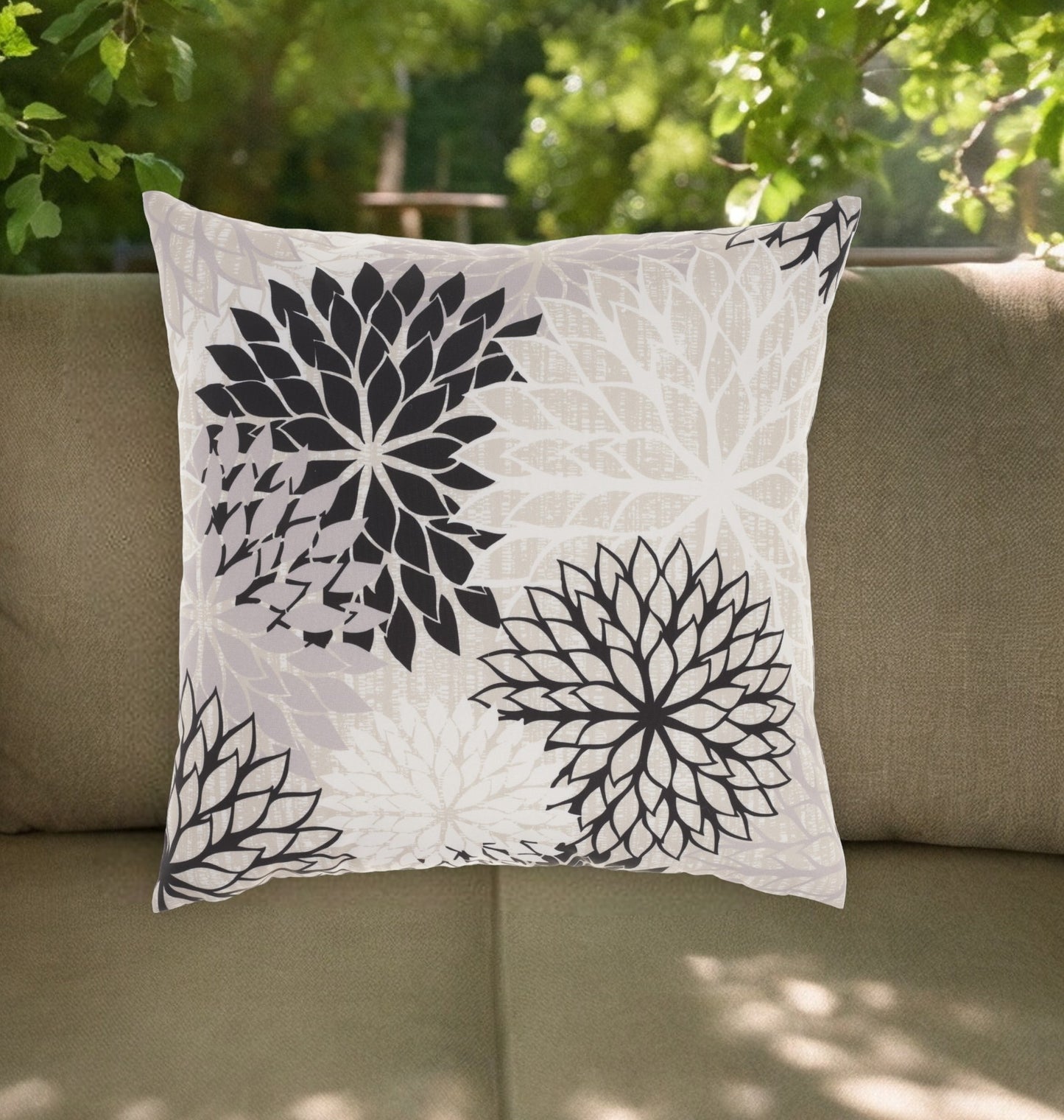 20" Black Gray and White Handmade Floral Indoor Outdoor Throw Pillow