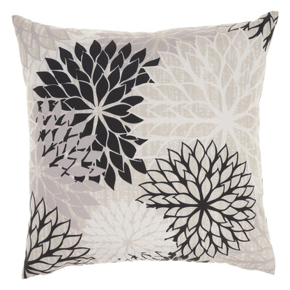 20" Black Gray and White Handmade Floral Indoor Outdoor Throw Pillow