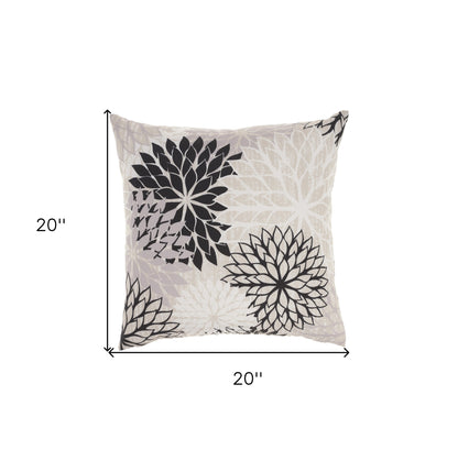 20" Black Gray and White Handmade Floral Indoor Outdoor Throw Pillow