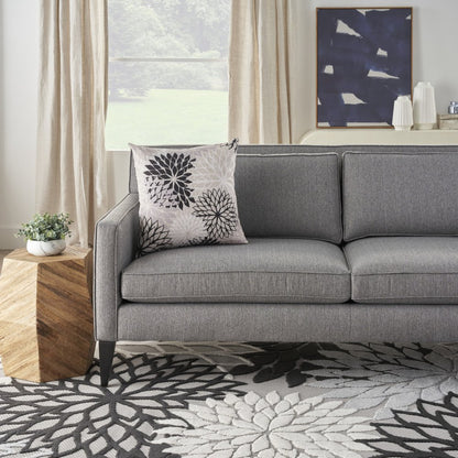 20" Black Gray and White Handmade Floral Indoor Outdoor Throw Pillow