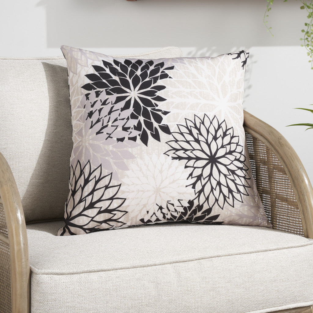 20" Black Gray and White Handmade Floral Indoor Outdoor Throw Pillow