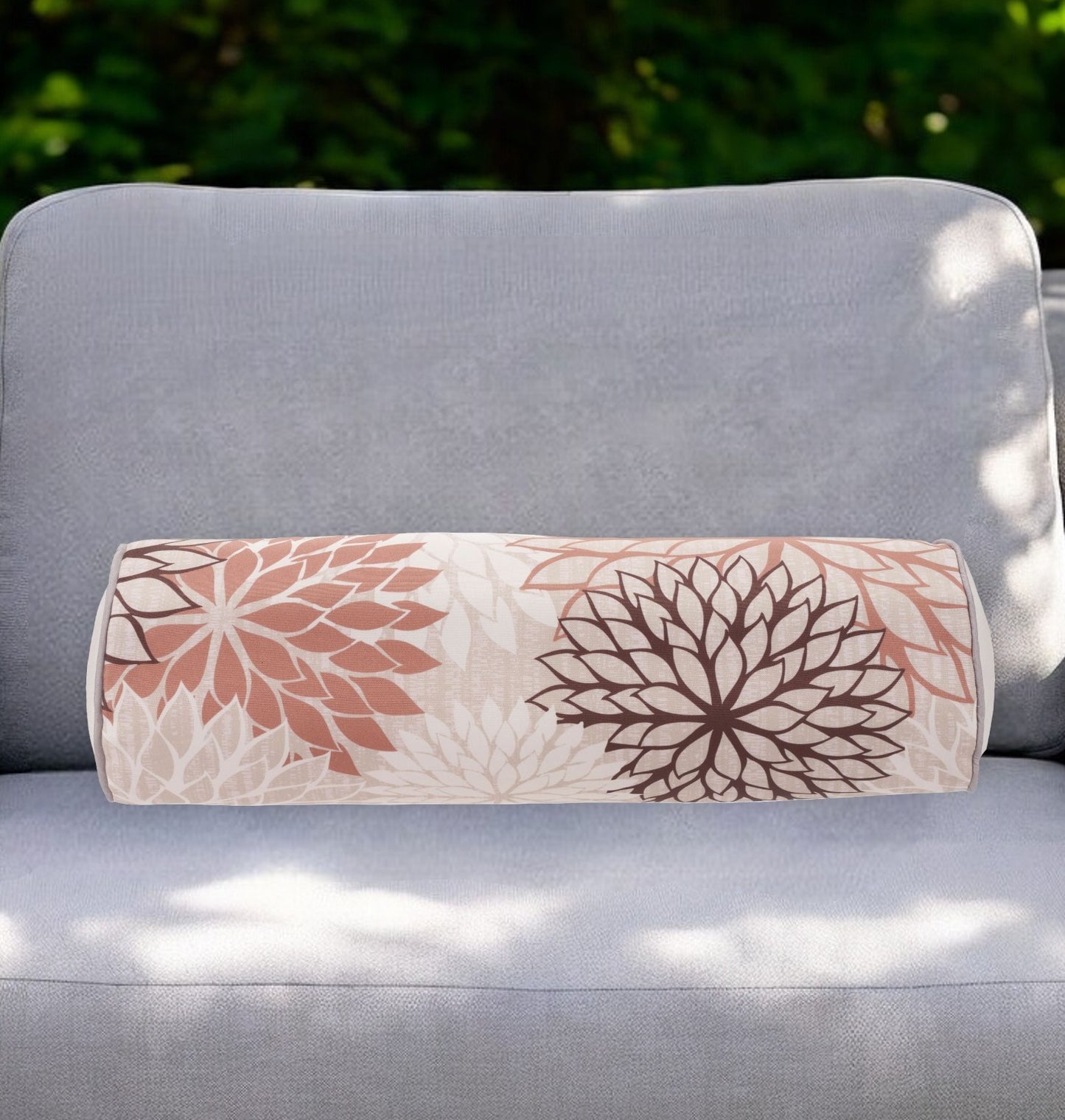 6" X 20" Brown Beige and Ivory Bolster Floral Indoor Outdoor Throw Pillow