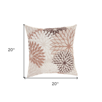 20" Brown Beige and Ivory Floral Indoor Outdoor Throw Pillow