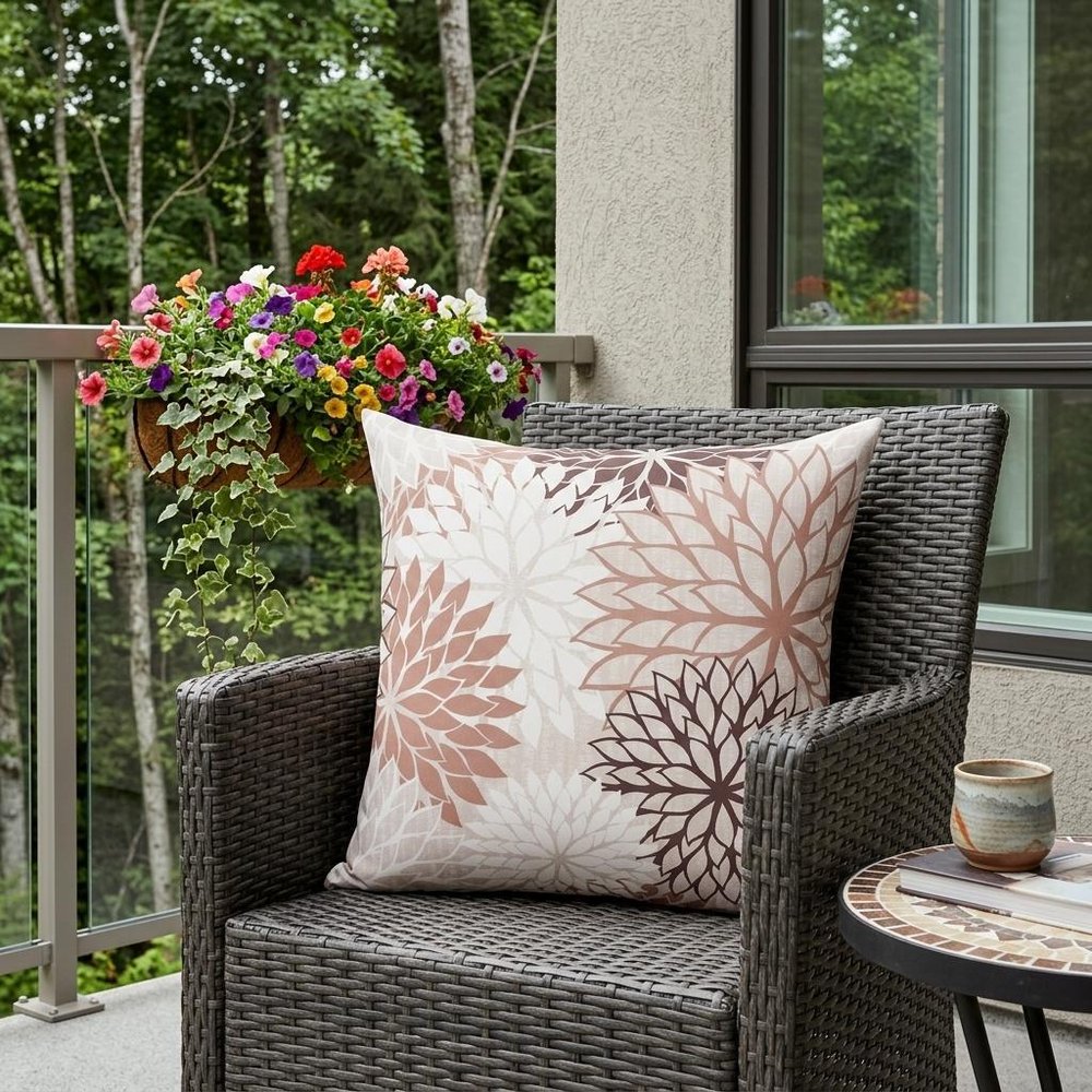 20" Brown Beige and Ivory Floral Indoor Outdoor Throw Pillow