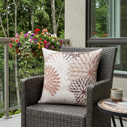 20" Brown Beige and Ivory Floral Indoor Outdoor Throw Pillow